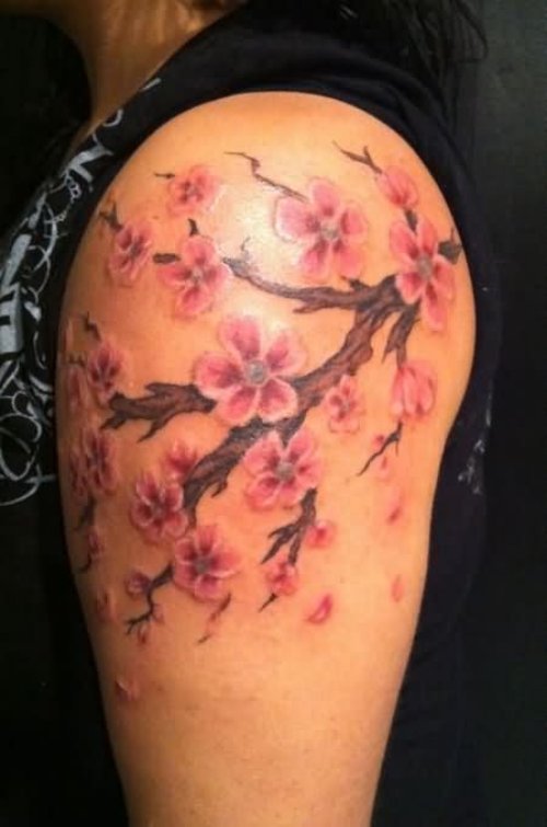 Left Shoulder Cherry Blosoom Flowers Tattoo